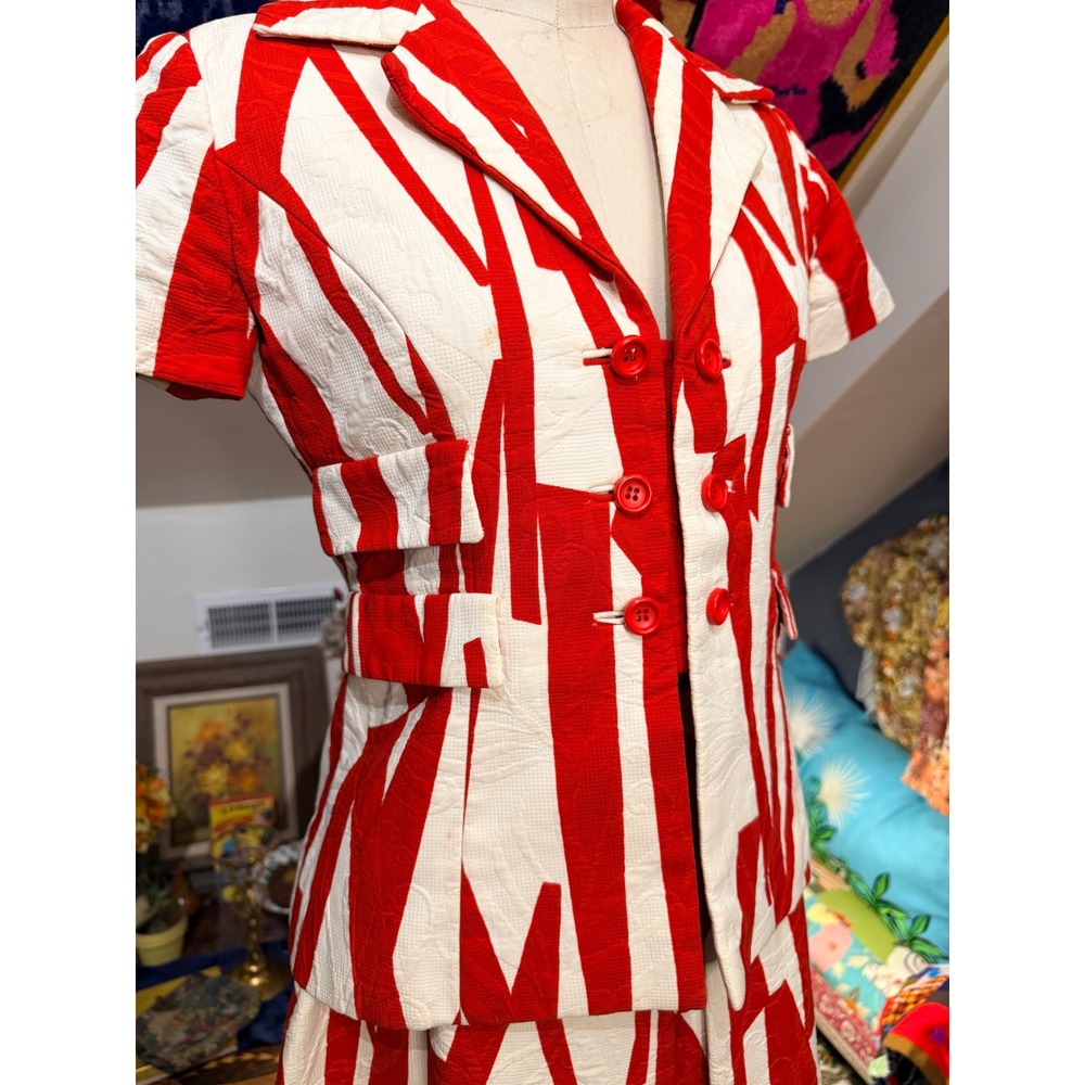 Vintage Red White Geometric Abstract Mod Skirt Suit Set Talon Zipper 60s - Picture 11 of 15